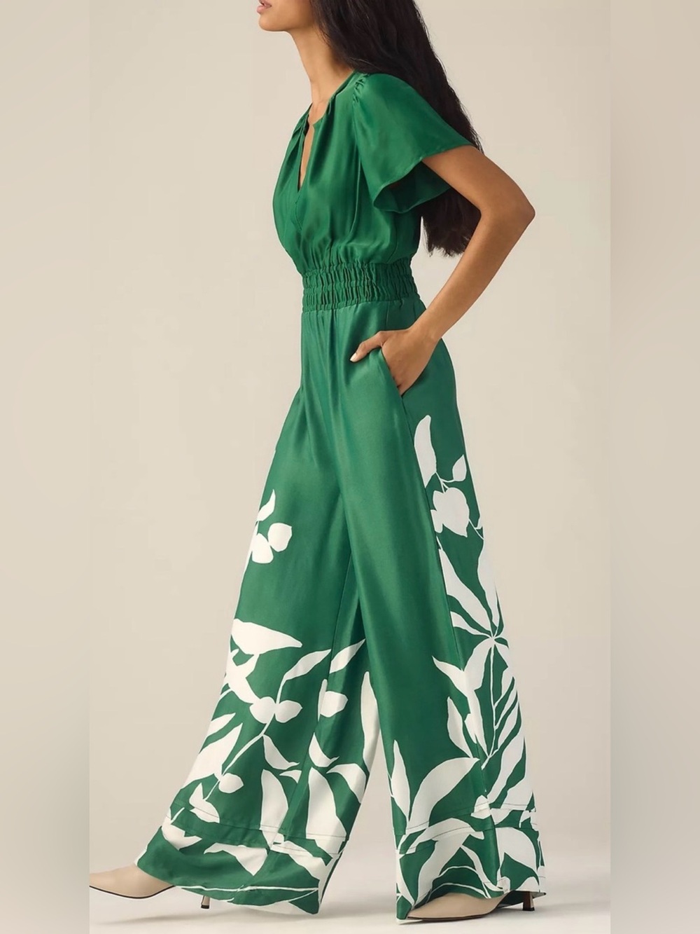 Anthropologie Green Wide-Leg Jumpsuit with White Floral Print - Picture 3 of 12